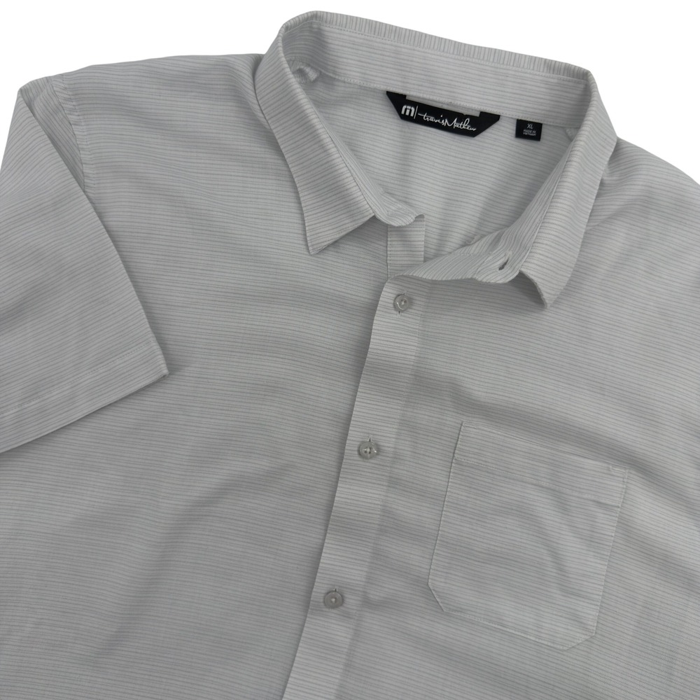 TravisMathew Mens XL Short Sleeve Button Up Shirt Grey White Micro Stripe Pocket